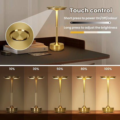Elegant Gold Metal Touch Lamp with 3-Color Dimming and Cordless Design
