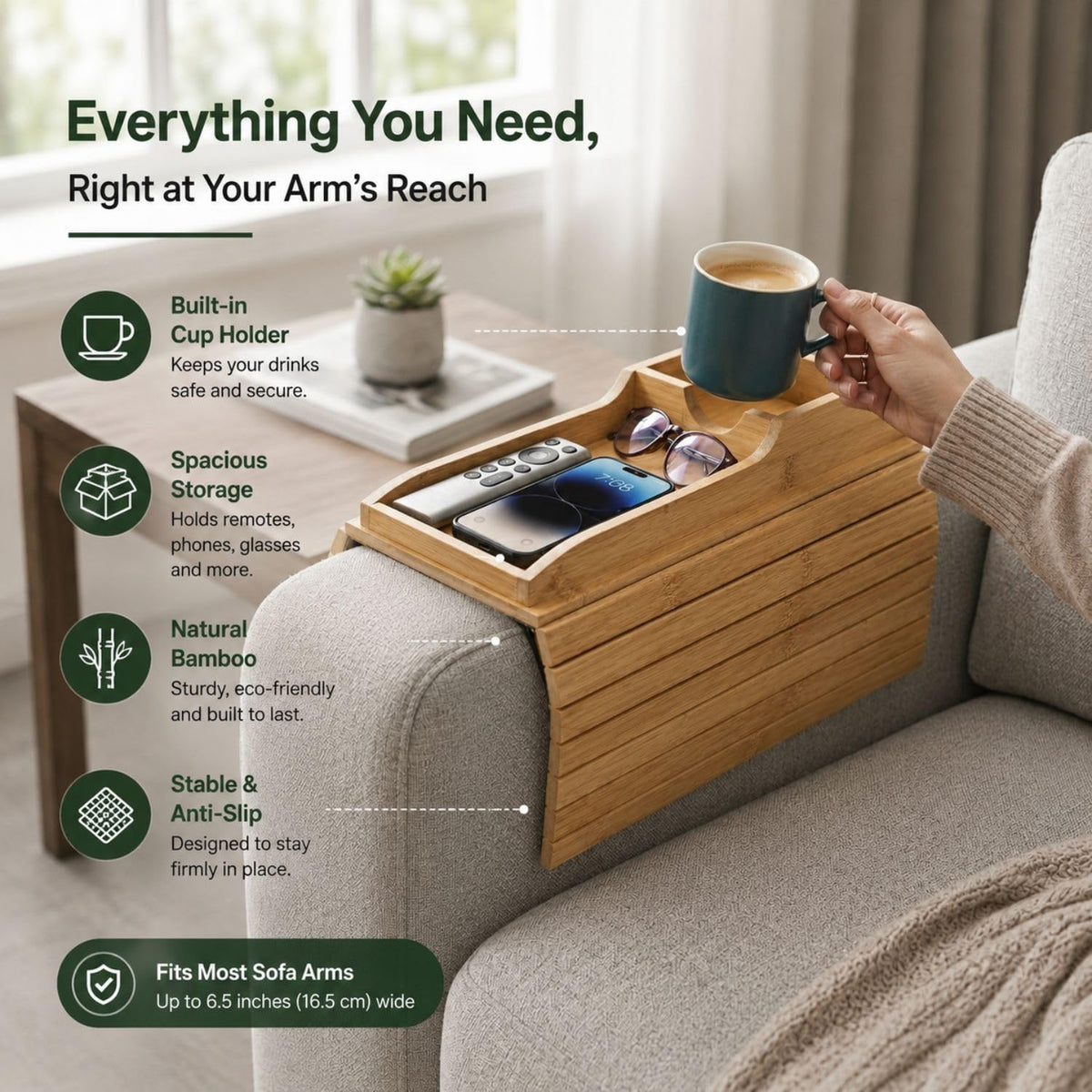 Bamboo Wood Sofa Armrest Tray with Cup Holder