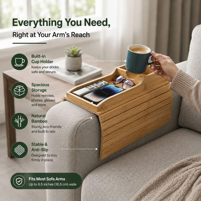 Bamboo Wood Sofa Armrest Tray with Cup Holder