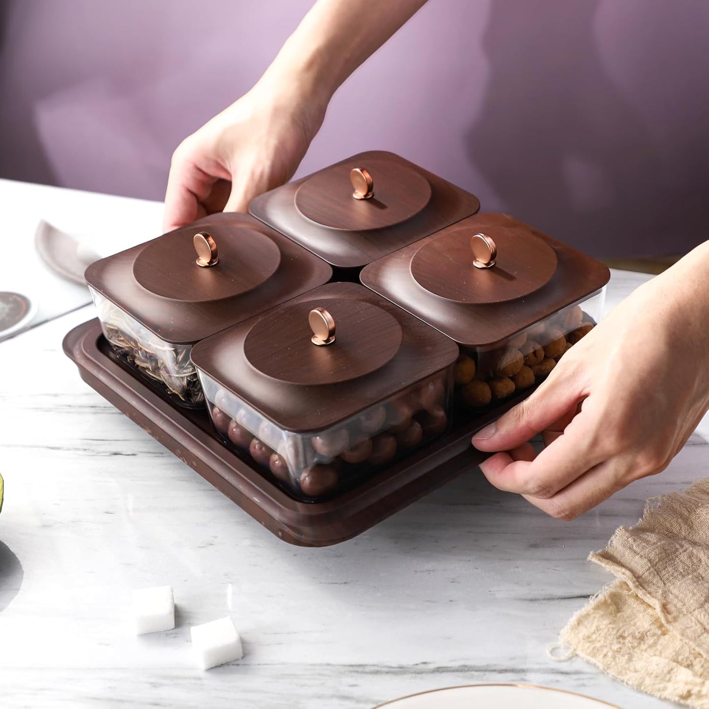 Multi-Compartment Decorative Snack Organizer Box with Dustproof Lid Cream