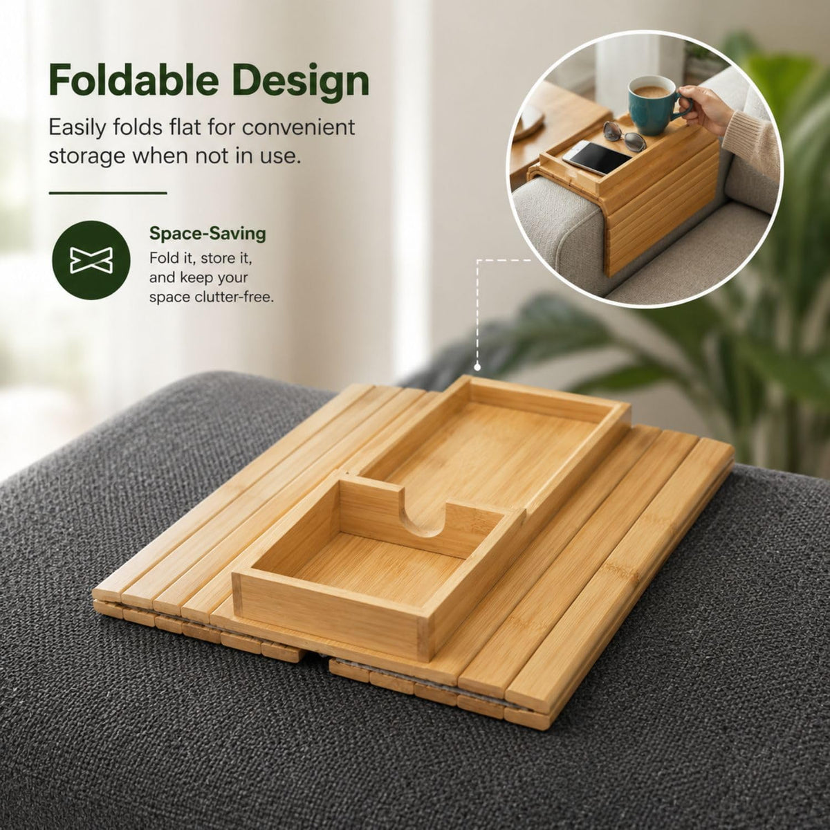 Bamboo Wood Sofa Armrest Tray with Cup Holder