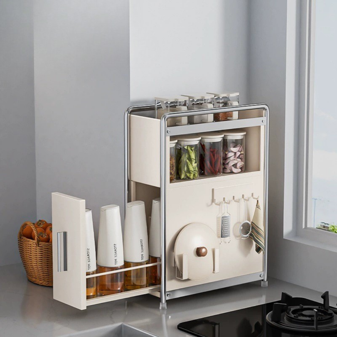 Compact Carbon Steel Multipurpose Spice Storage Rack with Pull Out Drawer