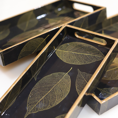 Elegant Leaf Pattern Resin MDF Tray for Modern Homes (Set of 3)