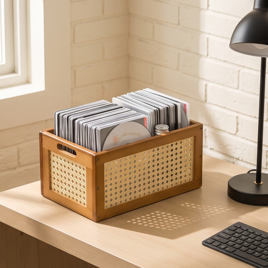 Wooden Rattan Desktop Organizer with Handles