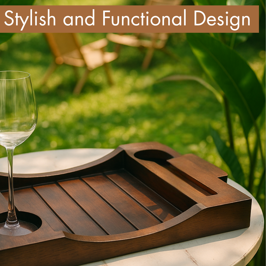 Elegant Wooden Wine Tray with Glass and Bottle Holders