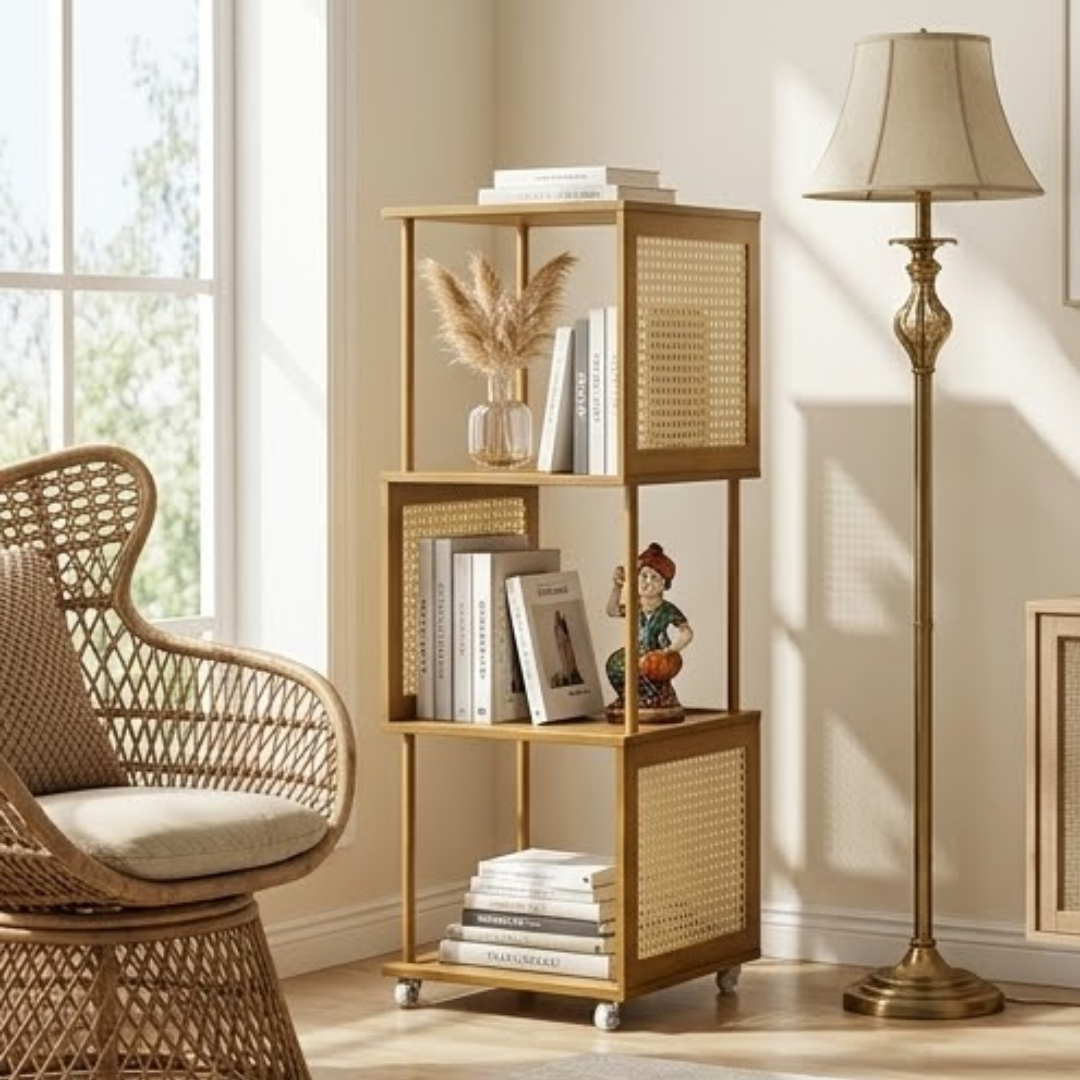 Bamboo Rattan Rotating Corner Storage Shelf With Wheels