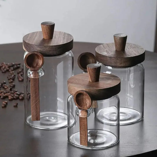 Airtight Glass Storage Jars with Wooden Lid & Spoon