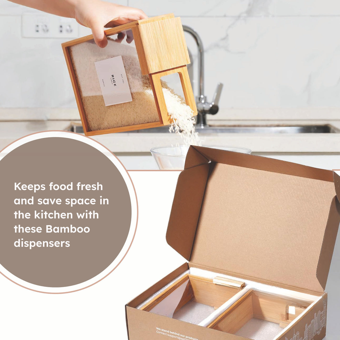 Airtight Bamboo Wood Food Storage Dispenser - 2000ml Capacity