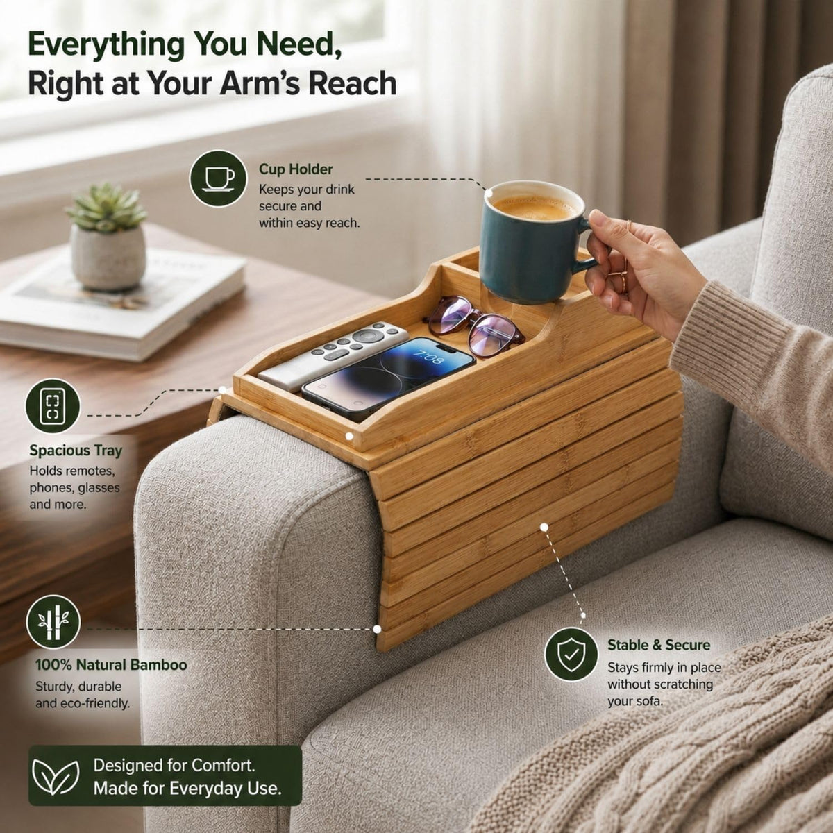 Bamboo Wood Sofa Armrest Tray with Cup Holder