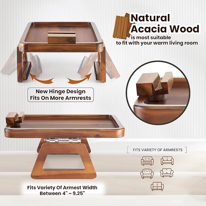 Bamboo Wood Sofa Arm Tray with Rotating Phone Holder