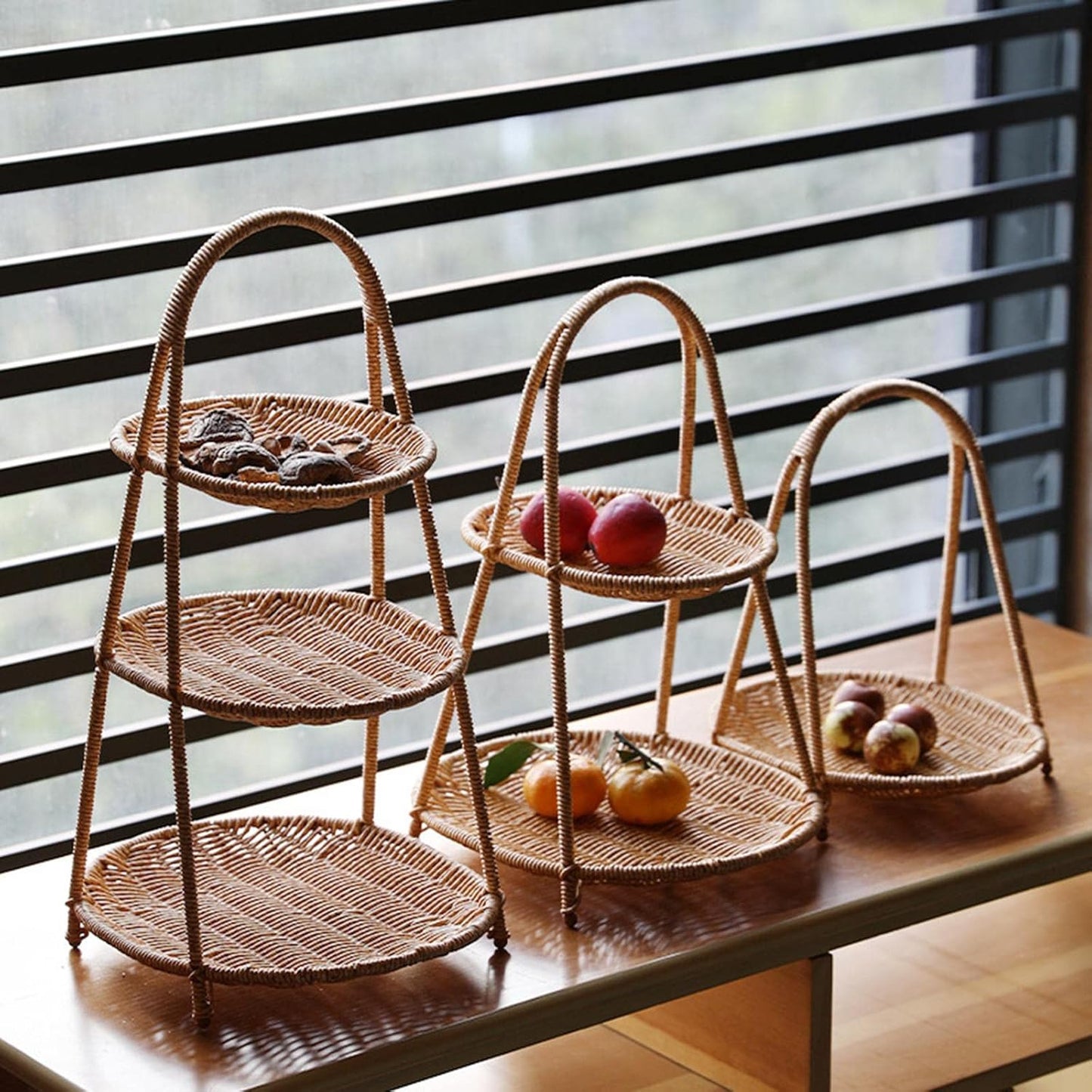 Elegant Multi Tier Handwoven Rattan Fruit Basket with Strong Metal Frame
