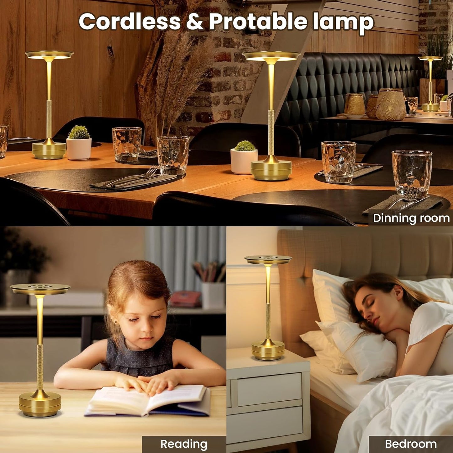 Elegant Gold Metal Touch Lamp with 3-Color Dimming and Cordless Design