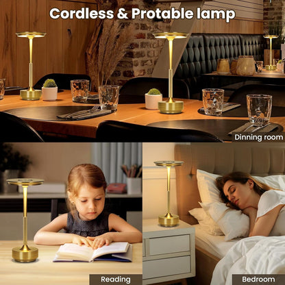 Elegant Gold Metal Touch Lamp with 3-Color Dimming and Cordless Design
