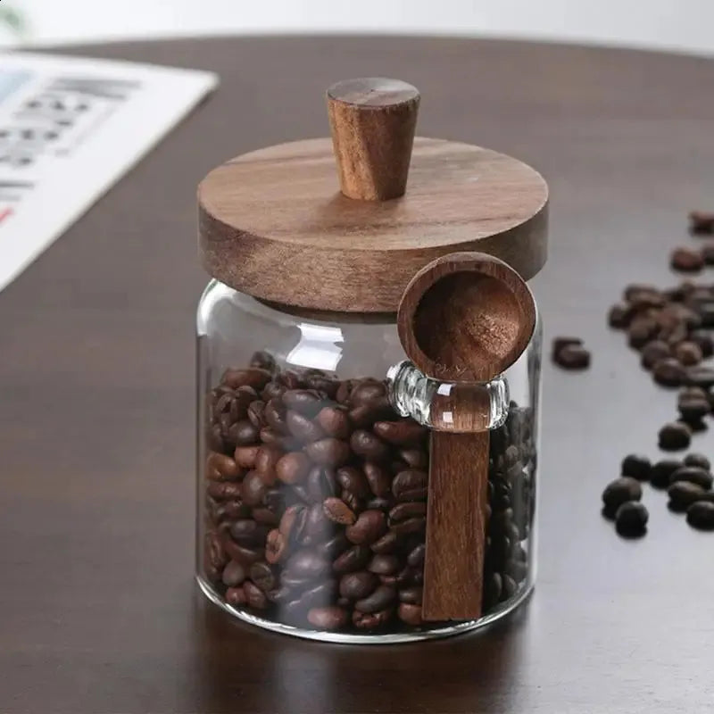 Airtight Glass Storage Jars with Wooden Lid & Spoon