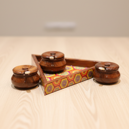 Sheesham Wood Triangular Condiment Tray with Jars and Spoons Set