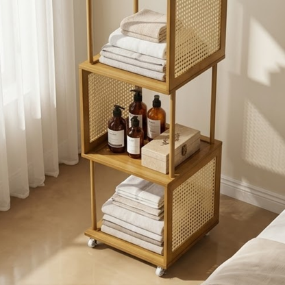 Bamboo Rattan Rotating Corner Storage Shelf With Wheels