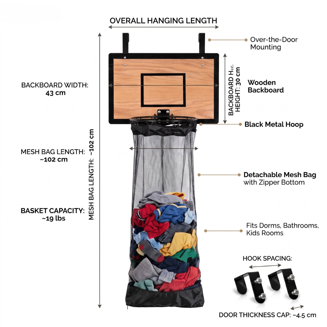 Wooden Basketball Hoop Hanging Laundry Bag