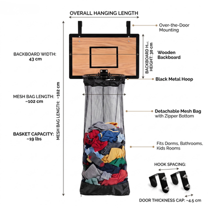 Wooden Basketball Hoop Hanging Laundry Bag