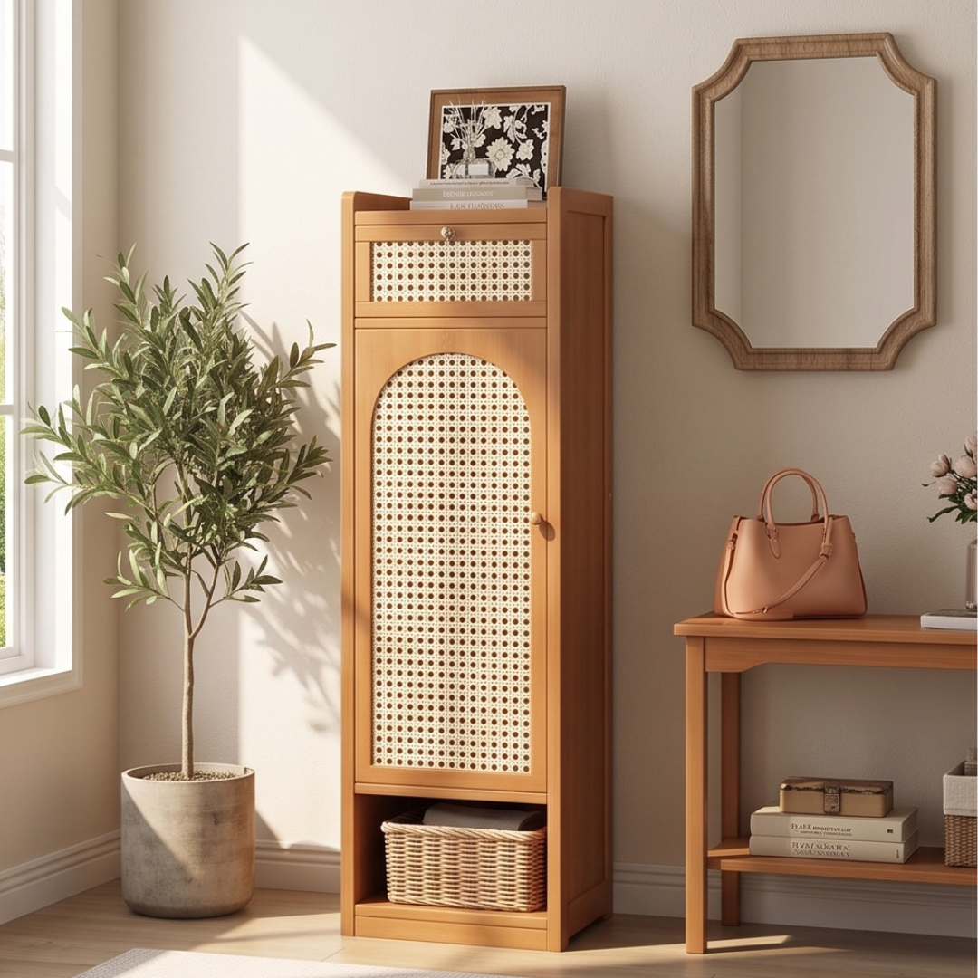 Slim Bamboo Shoe Cabinet With Magnetic Rattan Door