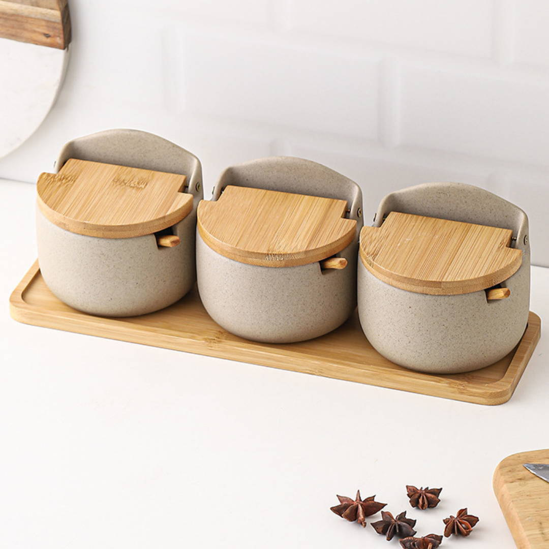 Elegant Japanese Ceramic Spice Jar Set with Bamboo Tray