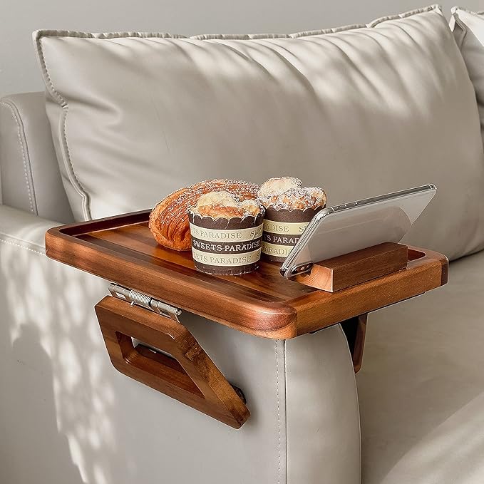 Bamboo Wood Sofa Arm Tray with Rotating Phone Holder