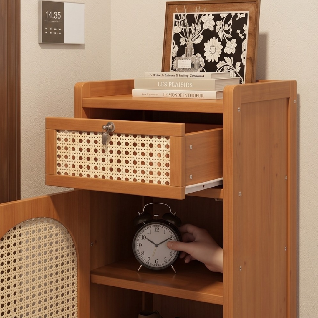 Slim Bamboo Shoe Cabinet With Magnetic Rattan Door