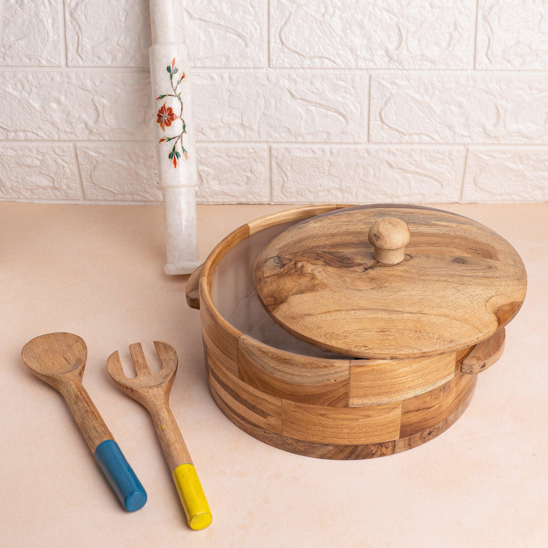 Handcrafted Wooden Chapati Casserole Box with Dual Handle and Lid