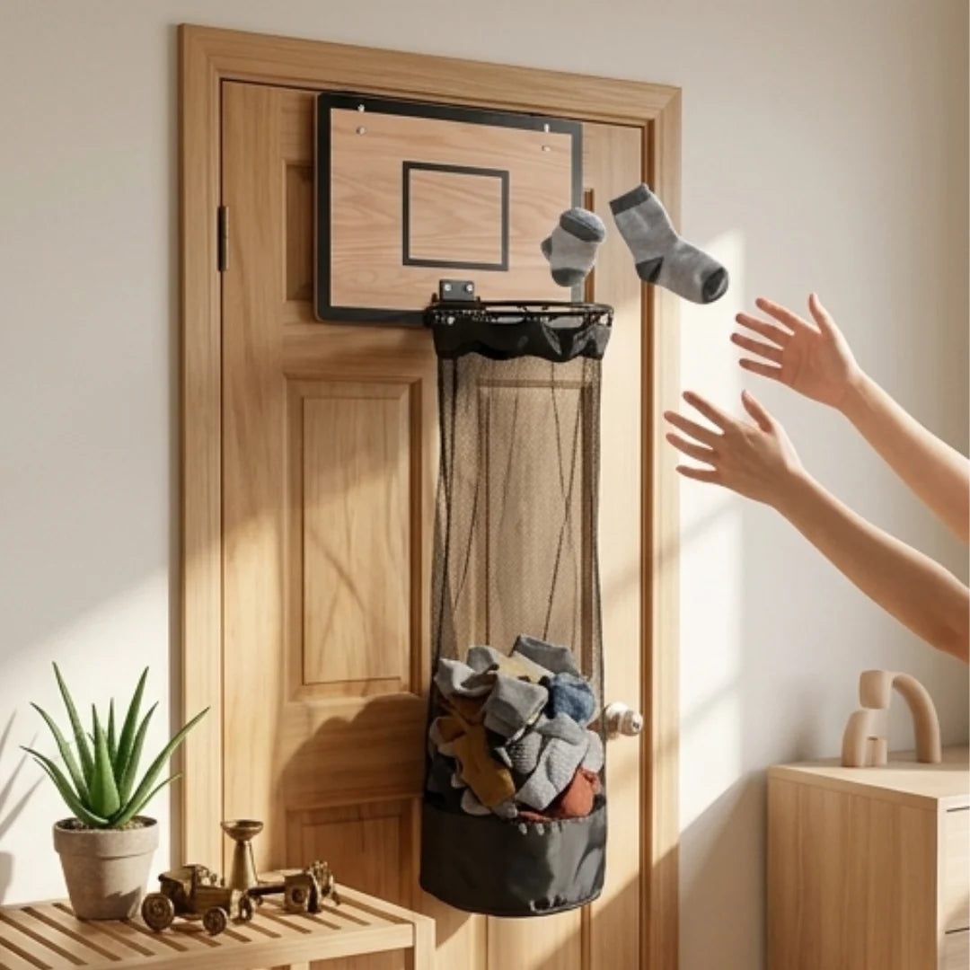 Wooden Basketball Hoop Hanging Laundry Bag