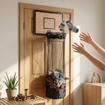 Wooden Basketball Hoop Hanging Laundry Bag