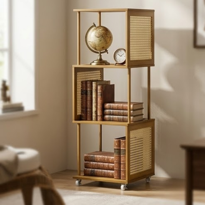 Bamboo Rattan Rotating Corner Storage Shelf With Wheels