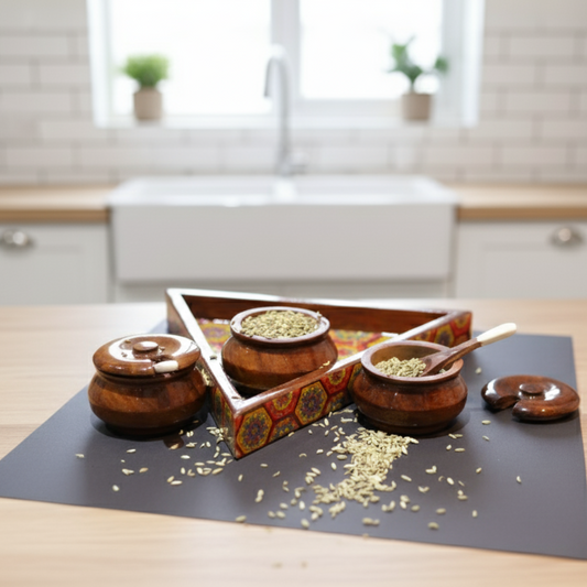 Sheesham Wood Triangular Condiment Tray with Jars and Spoons Set