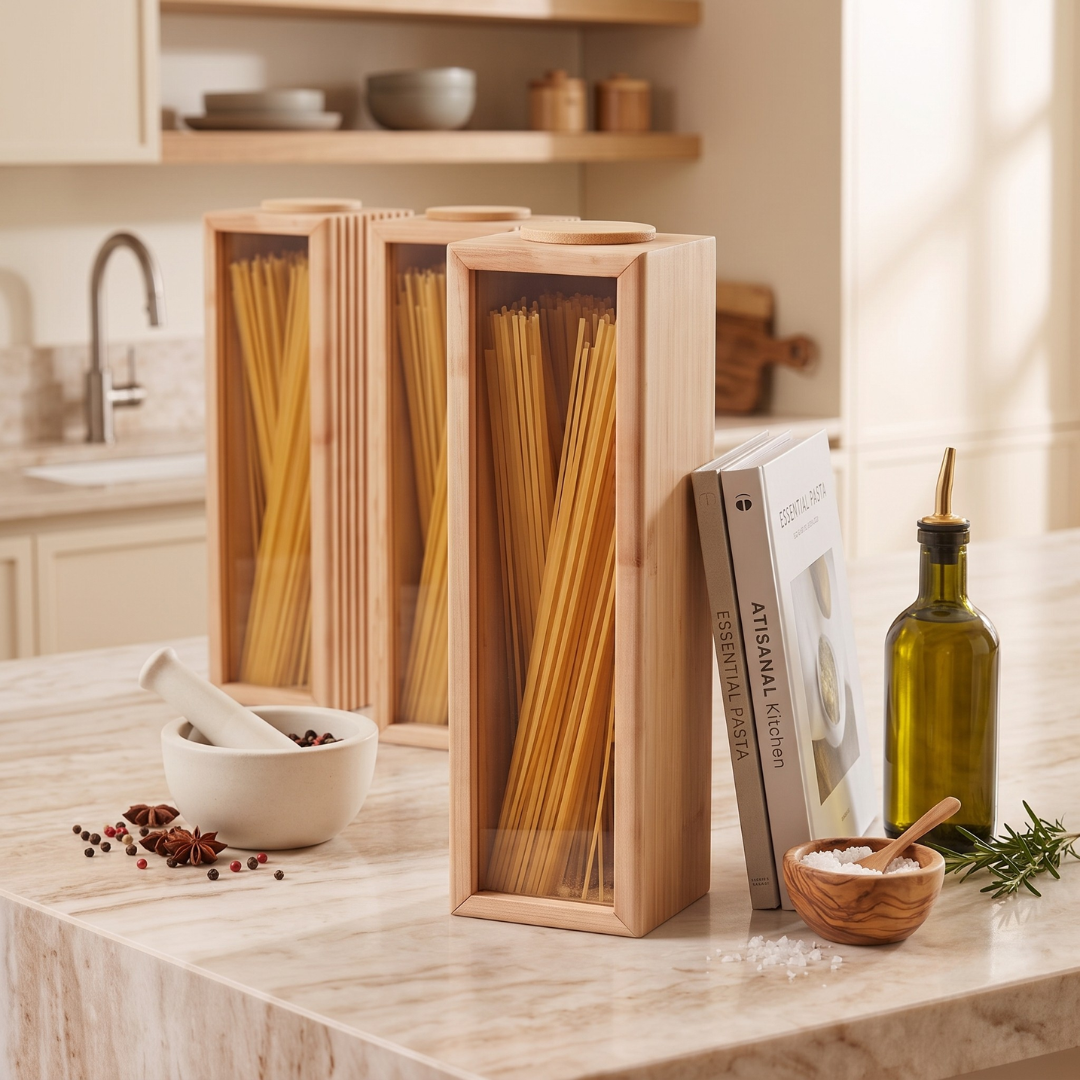 Transparent Glass Wooden Spaghetti Storage Container