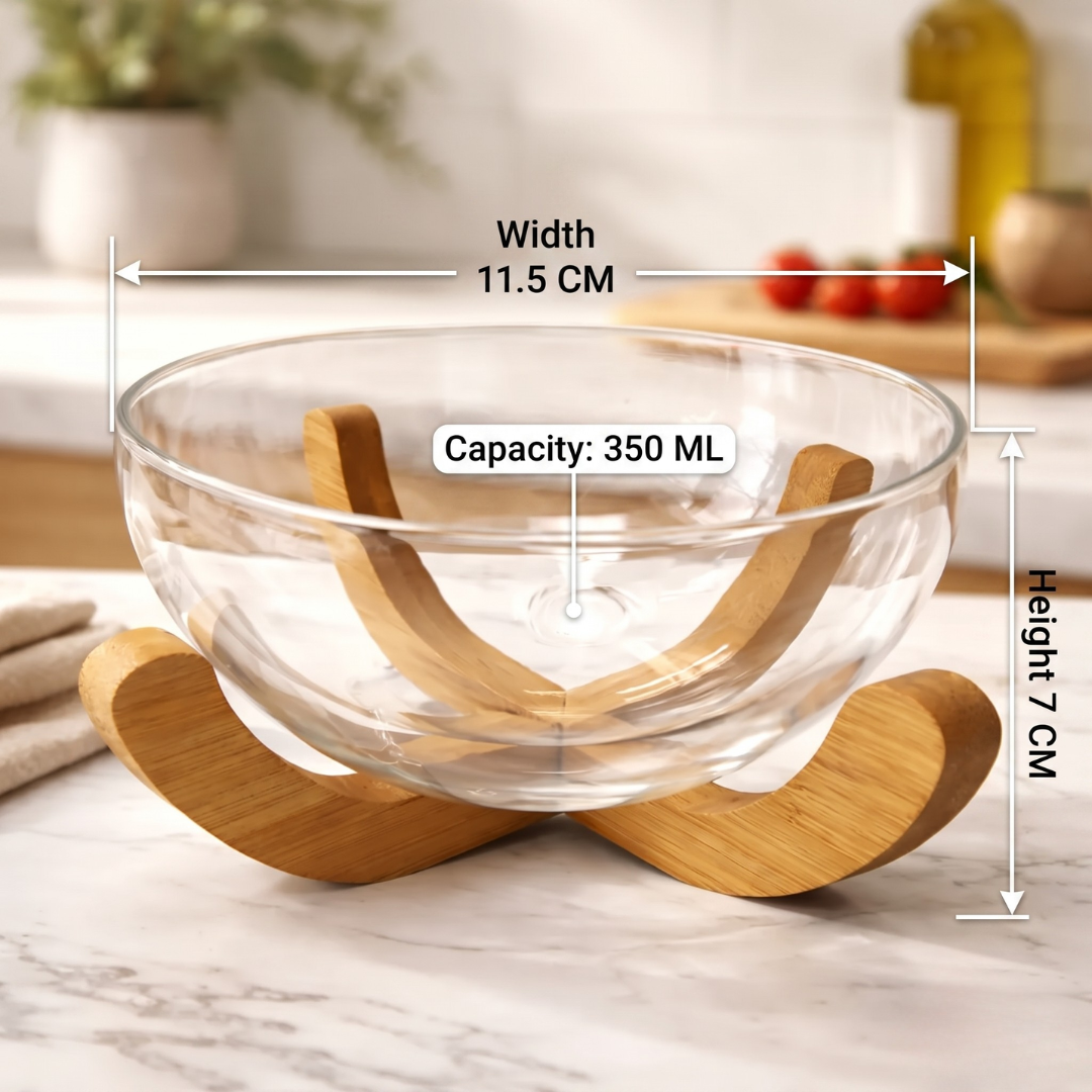 Premium Thickened Glass Salad Bowl with Bamboo Stand