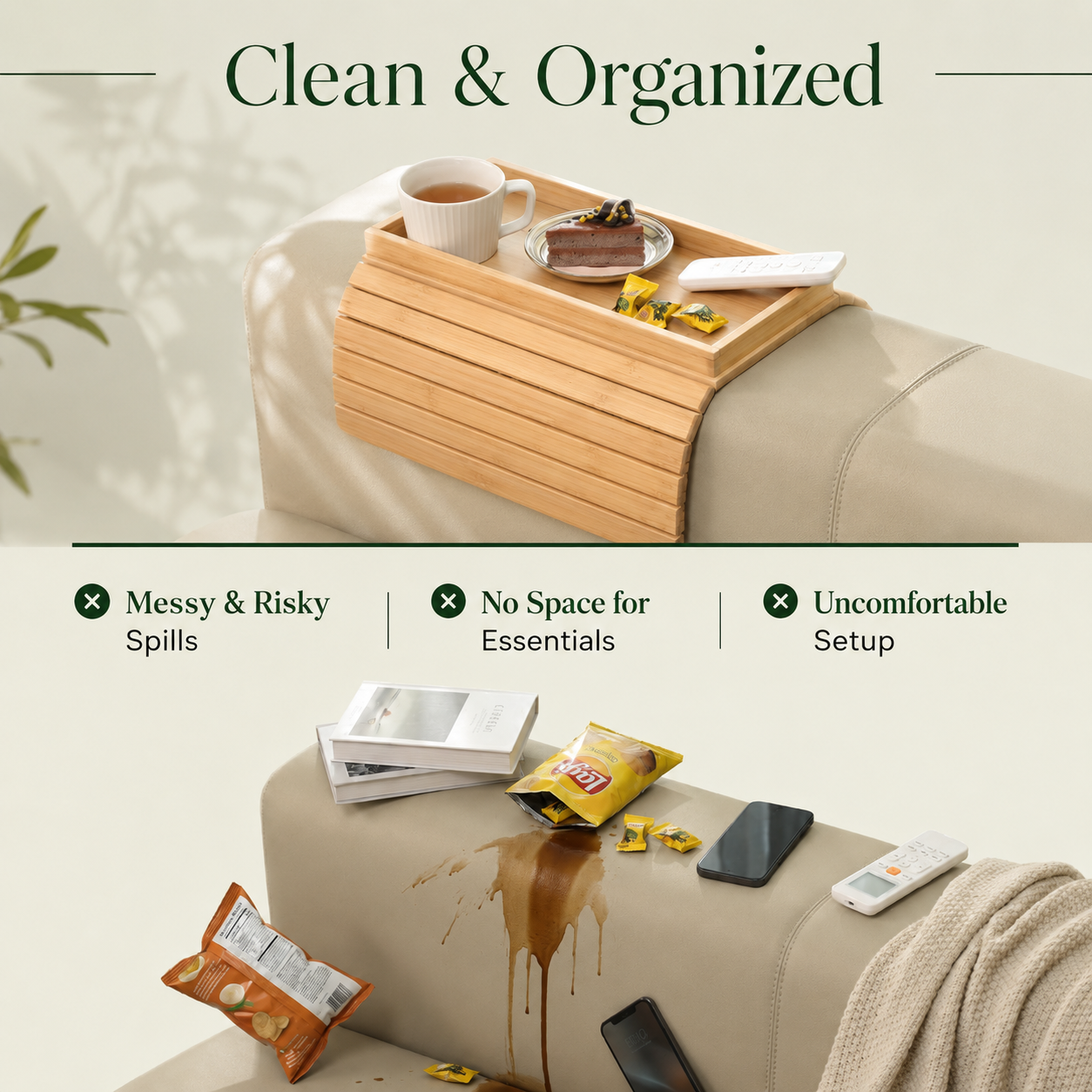 Foldable Wooden Sofa Arm Tray Table with Anti-Slip Grip