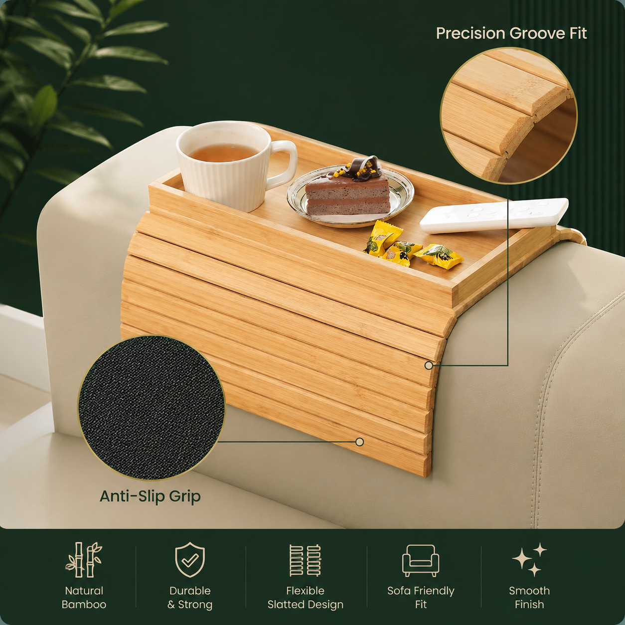 Foldable Wooden Sofa Arm Tray Table with Anti-Slip Grip