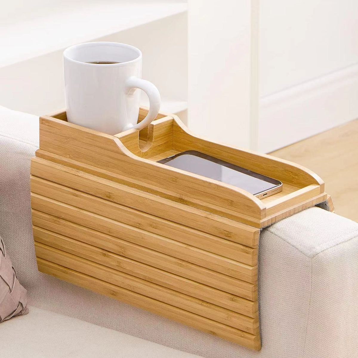 Bamboo Wood Sofa Armrest Tray with Cup Holder