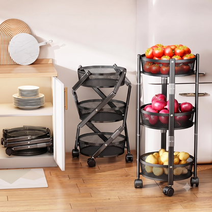 3 Tier Foldable Rolling Storage Trolley with Lockable Wheels