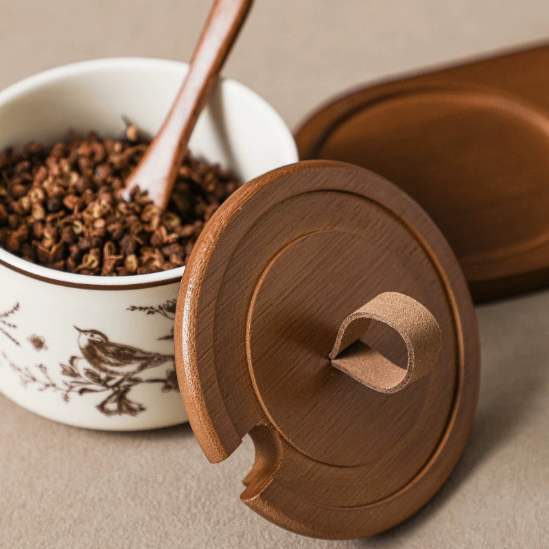 French Floral Bird Ceramic Seasoning Jar Set with Wooden Tray
