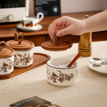 French Floral Bird Ceramic Seasoning Jar Set with Wooden Tray