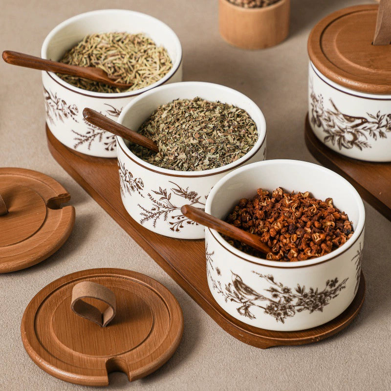 French Floral Bird Ceramic Seasoning Jar Set with Wooden Tray