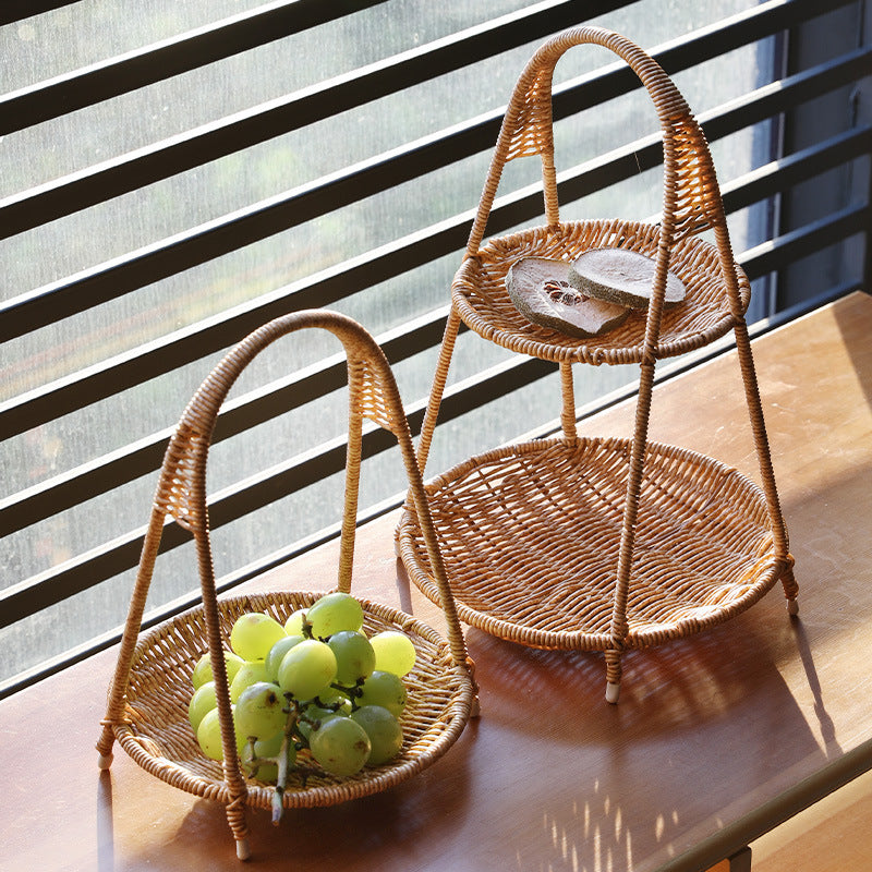 Elegant Multi Tier Handwoven Rattan Fruit Basket with Strong Metal Frame