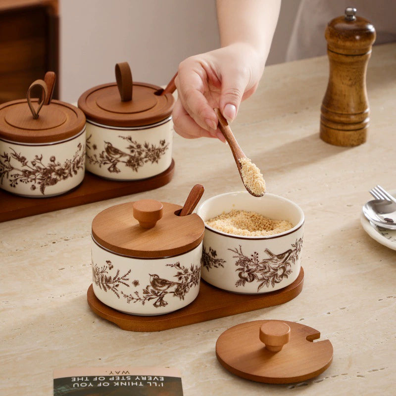 French Floral Bird Ceramic Seasoning Jar Set with Wooden Tray