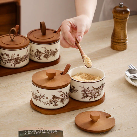 French Floral Bird Ceramic Seasoning Jar Set with Wooden Tray