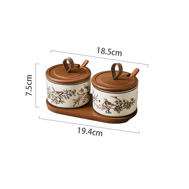 French Floral Bird Ceramic Seasoning Jar Set with Wooden Tray