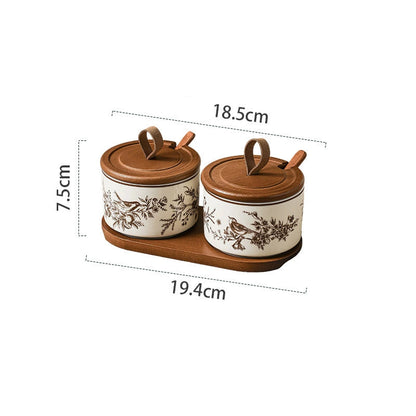 French Floral Bird Ceramic Seasoning Jar Set with Wooden Tray