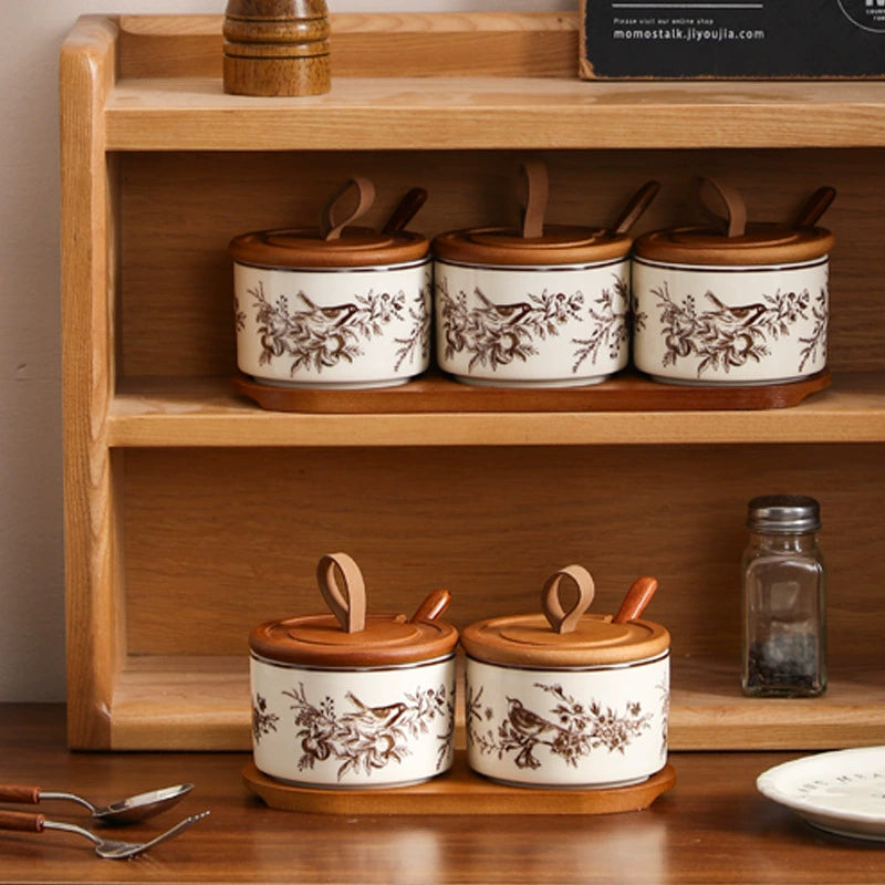 French Floral Bird Ceramic Seasoning Jar Set with Wooden Tray