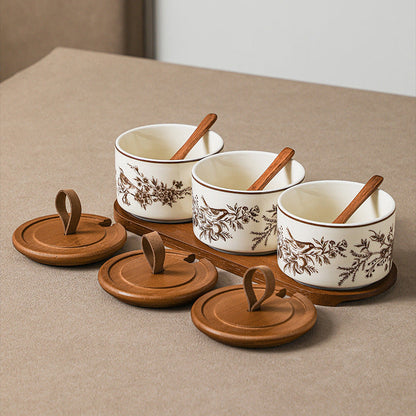French Floral Bird Ceramic Seasoning Jar Set with Wooden Tray