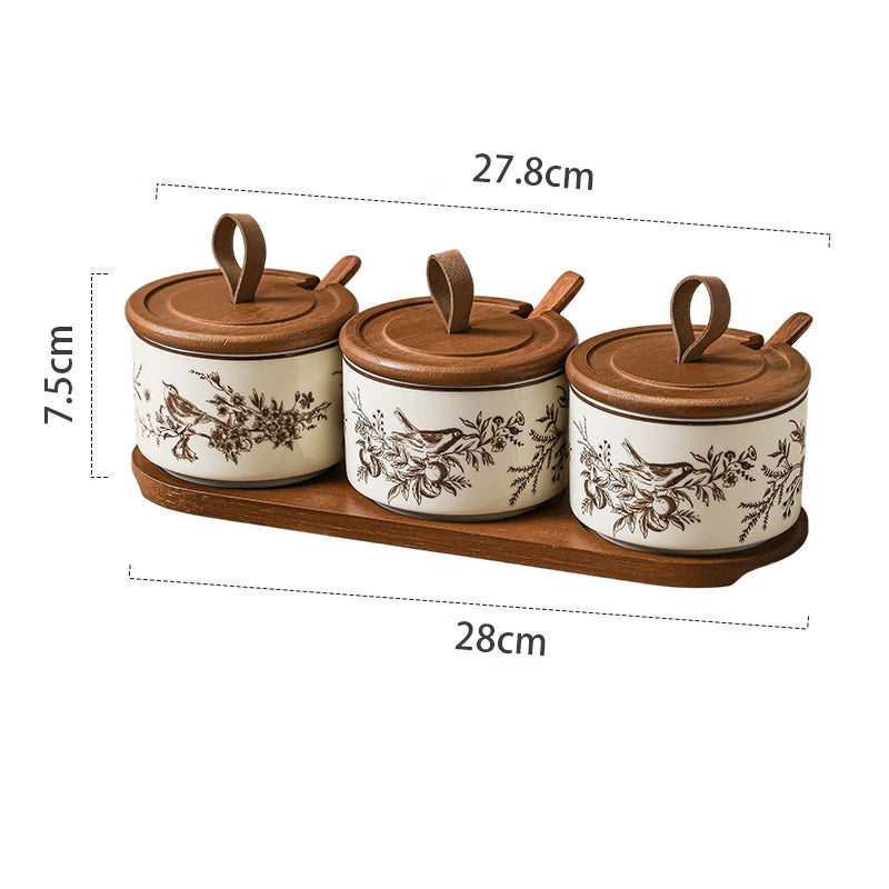 French Floral Bird Ceramic Seasoning Jar Set with Wooden Tray