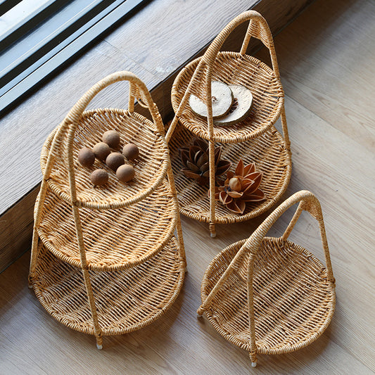 Elegant Multi Tier Handwoven Rattan Fruit Basket with Strong Metal Frame