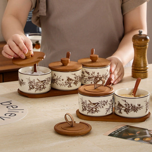 French Floral Bird Ceramic Seasoning Jar Set with Wooden Tray
